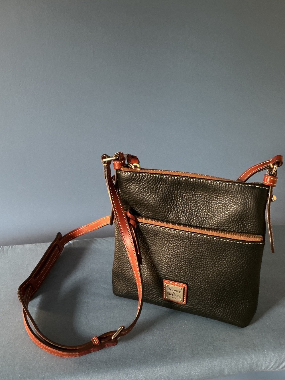 Dooney & Bourke Black Pebbled Leather Crossbody with Brown Trim